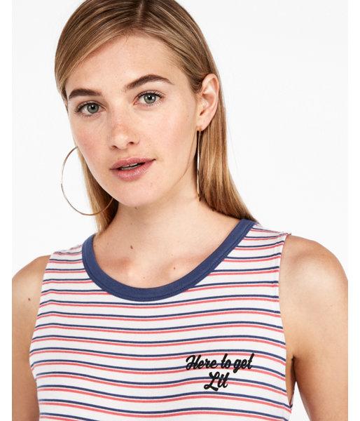 Express Womens Striped Here To Get Lit Graphic Tank
