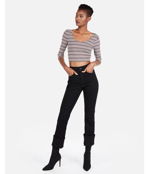 Express Womens Express Womens Express One Eleven Ribbed Three-quarter Sleeve Cropped Top