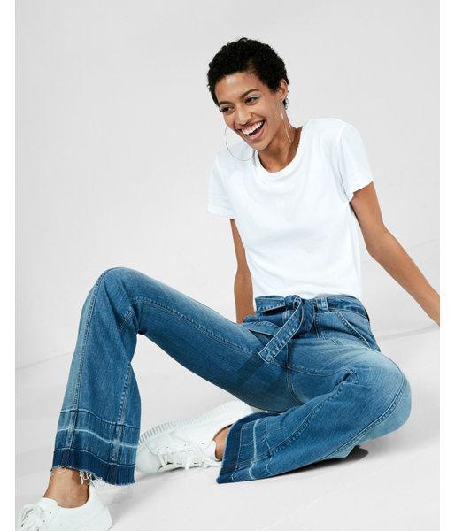 Express High Waisted Belted Exposed Zip Bell Flare Jeans