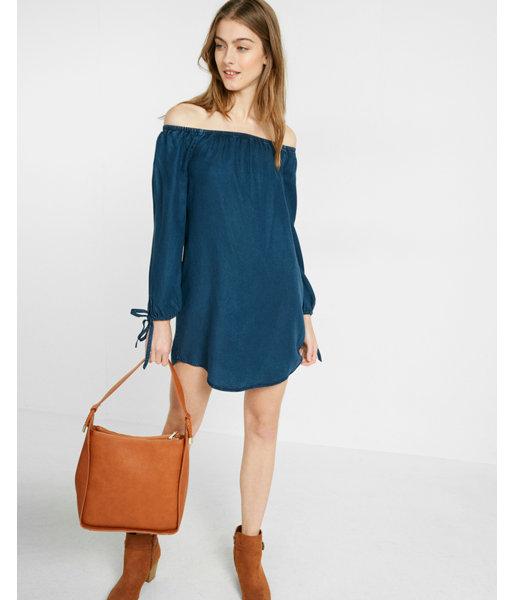 Express Womens Petite Denim Off The Shoulder Trapeze Dress