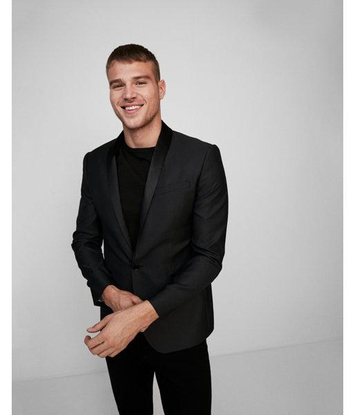 Express Mens Slim Charcoal Wool-blend Shawl Collar Tuxedo Jacket