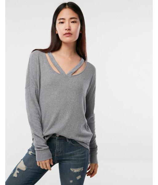 Express Womens Petite Heathered Double Slash Neck Tunic Top