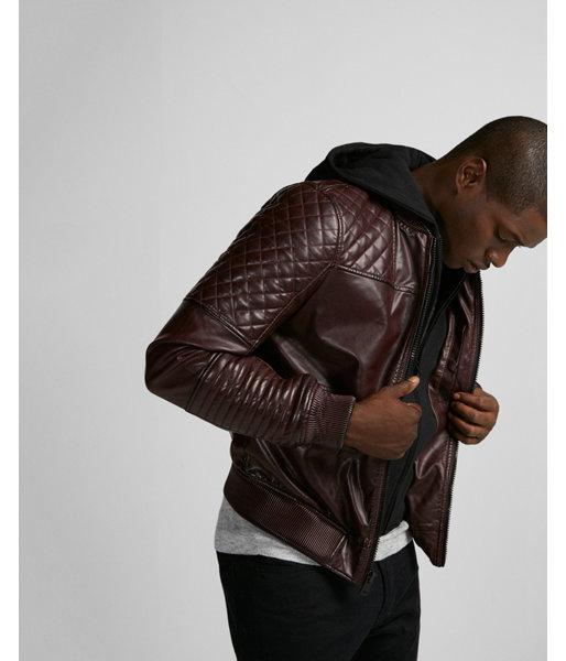 Express Mens (minus The) Leather Quilted Moto Bomber Jacket