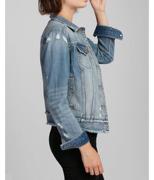 Express Distressed Frayed Denim Trucker Jacket