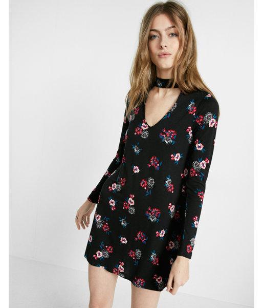 Express Floral Print Cut-out Trapeze Choker Dress