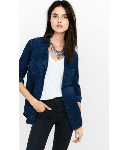Express Women's Shirts Dark Blue Denim Boyfriend