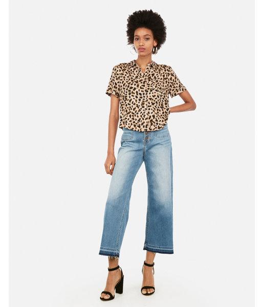 Express Womens Leopard Print Short Sleeve Button-front Pocket