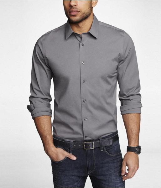 Express Mens Fitted 1mx Stretch Cotton Shirt Gray