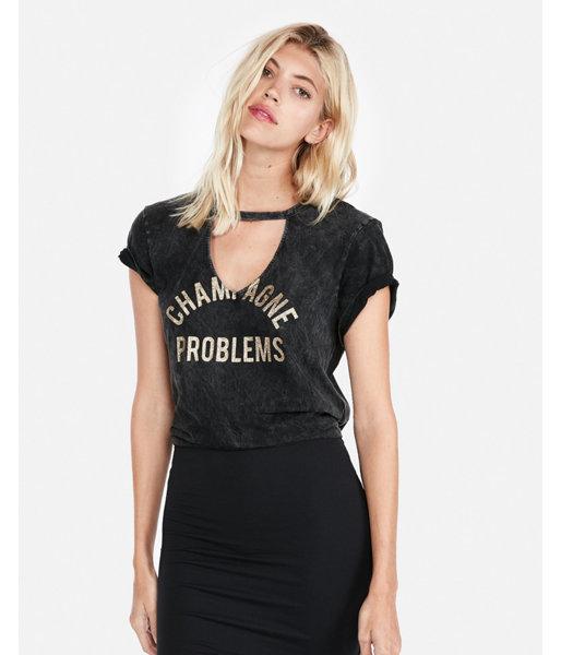 Express Womens Express Womens Express One Eleven Champagne Problems Choker Neck Graphic Tee