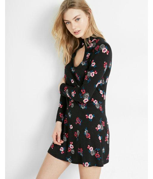 Express Womens Floral Print Cut-out Trapeze Dress