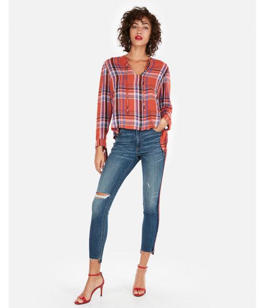 Express Womens Tie Neck Popover Plaid Top