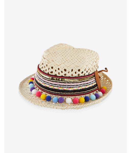 Express Embroidered Straw Pom Pom Fedora
