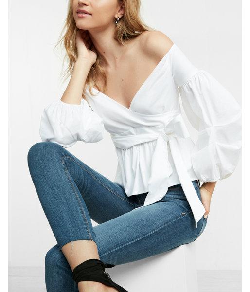 Express Off The Shoulder Puff Sleeve Surplice Blouse