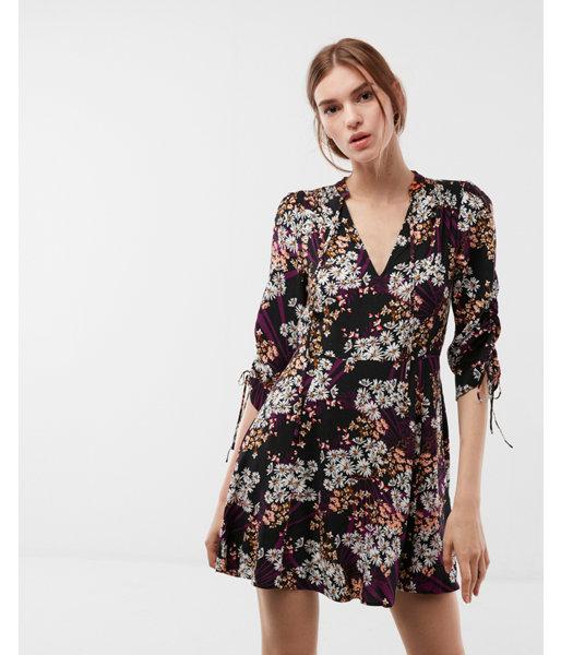 Express Womens Express Womens Floral Puff Shoulder Ruched Sleeve Fit And Flare Dress