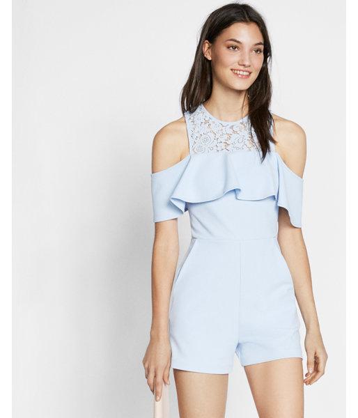 Express Petite Cold Shoulder Lace Yoke Romper