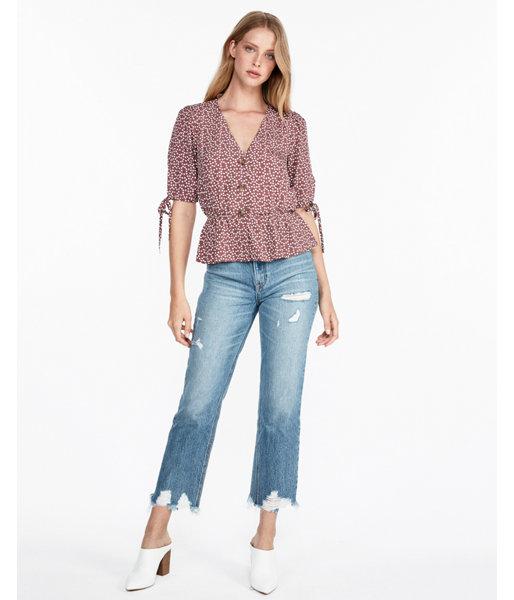 Express Womens Polka Dot Button Front Tie Sleeve Peplum Top