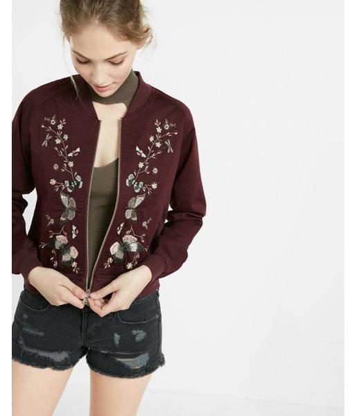 Express Womens Butterfly Embroidery Raglan Sleeve Bomber Jacket