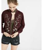 Express Womens Butterfly Embroidery Raglan Sleeve Bomber Jacket