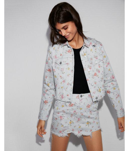 Express Womens Floral Distressed Cropped Denim Trucker Jacket