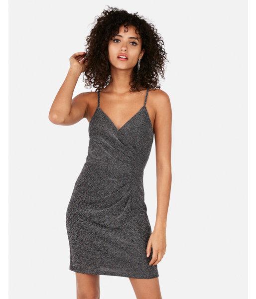 Express Womens Petite Metallic Surplice Pleated Mini Cami  Dress