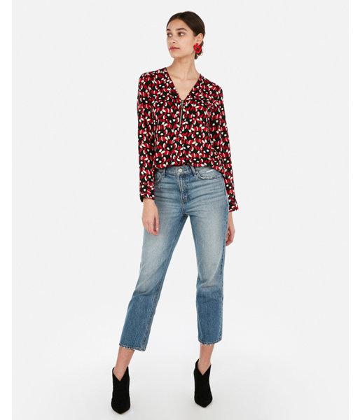 Express Womens Express Womens Printed Two Pocket Heart Charm Zip Front Chelsea Popover