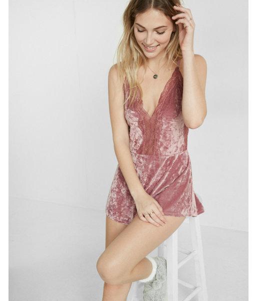 Express One Eleven Lace Inset Velvet Romper