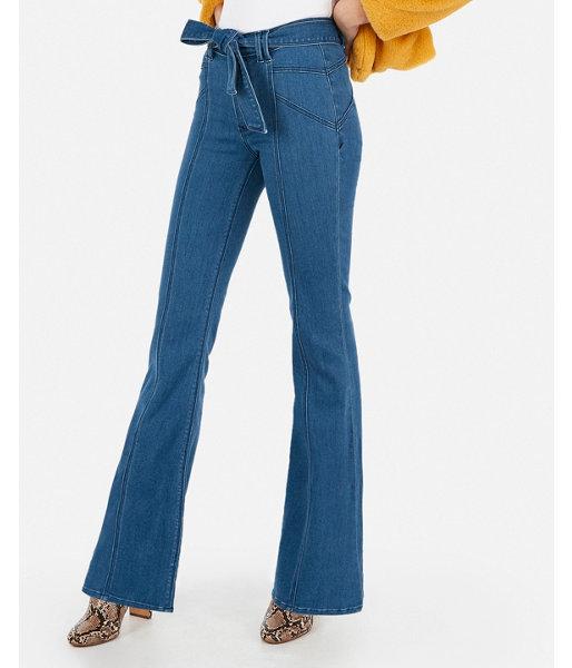Express Womens Super High Waisted Dark Wash Belted Bell Flare Jeans