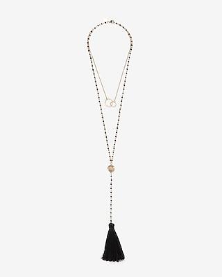 Express Womens Two Row Beaded Tassel Y Necklace