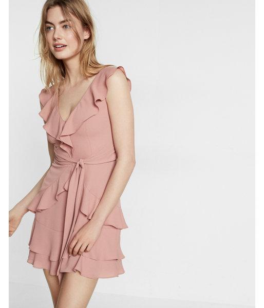 Express Womens Ruffle Front Tie Waist Fit And Flare Dress
