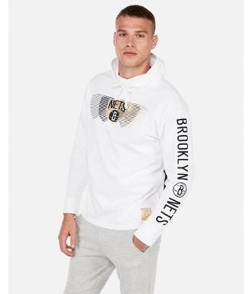Express Mens Brooklyn Nets Nba Heavy Weight Foil Graphic Hooded Tee