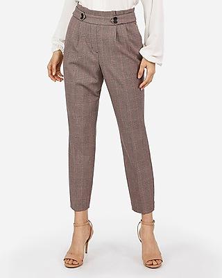 Express Womens High Waisted Plaid Pull-on Button Tab Ankle Pant