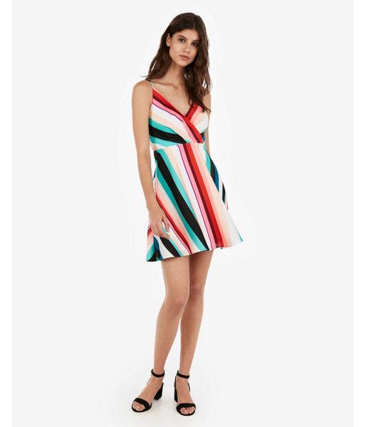 Express Womens Striped Satin Surplice Fit And Flare Dress