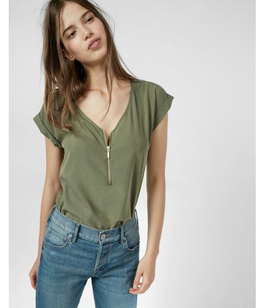 Express Rolled Sleeve V-neck Zip Top