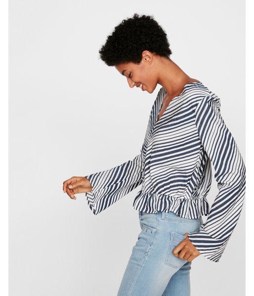 Express Womens Petite Striped Surplice Smocked Hem Blouse