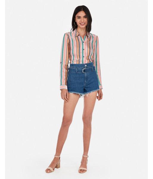 Express Womens Multi Stripe Shimmer No Pocket City Shirt By Express