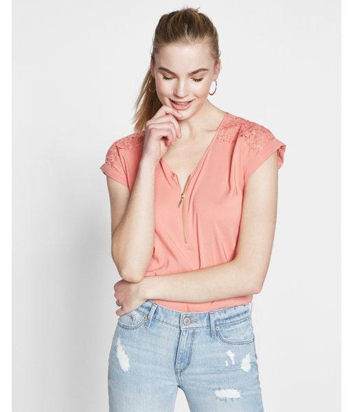 Express Lace Yoke Banded Hem Zip Front Blouse