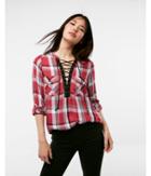 Express Womens Red Plaid Lace-up V-neck Top