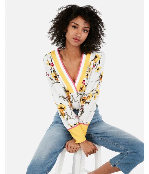 Express Womens Floral Color Block Contrast Cuff Top