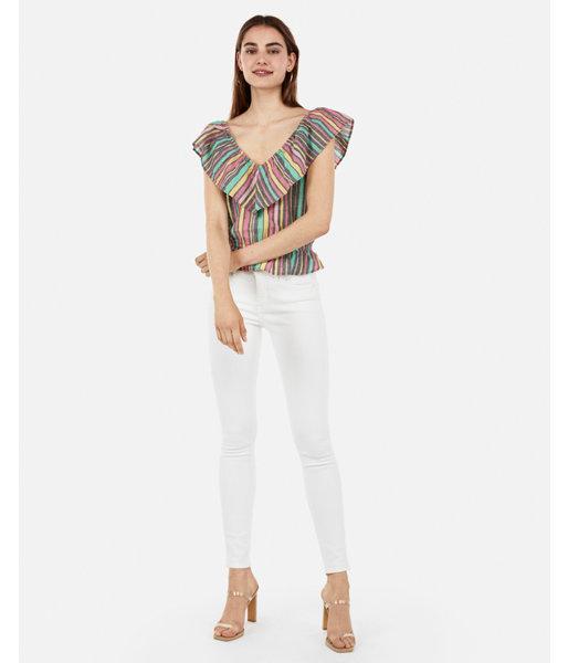 Express Womens Striped Linen-blend Ruffle Peplum Top