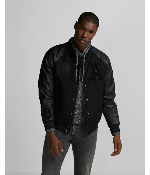 Express Mens Embroidered Patch Recycled Wool Raglan Bomber Jacket