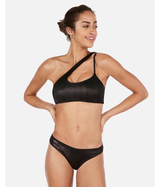 Express Womens Express Womens Metallic Bronze Ribbed Ultra High Leg Cheeky Bikini Bottoms