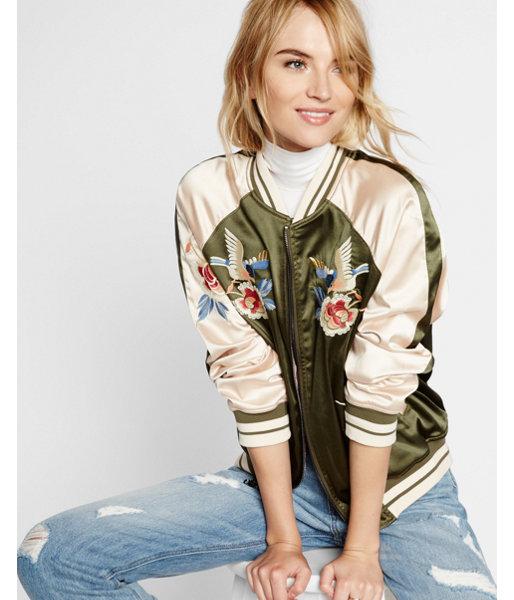Express Womens Embroidered Satin Bird Reversible Bomber Jacket