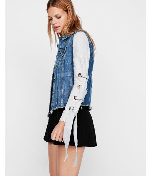 Express Womens Knit Lace-up Sleeve Denim Trucker Jacket
