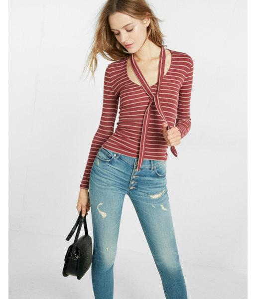 Express Simple Stripe Ribbed Tie Neck Tee