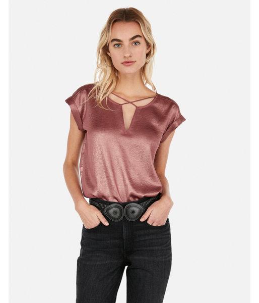 Express Womens Petite Shimmery Cross Front Gramercy Tee