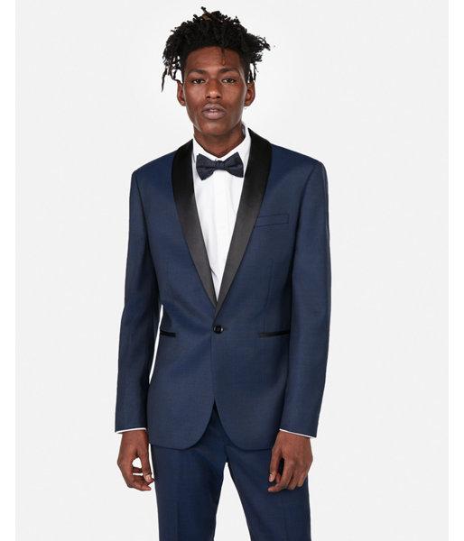 Express Mens Extra Slim Navy Dobby Wool-blend Tuxedo Jacket