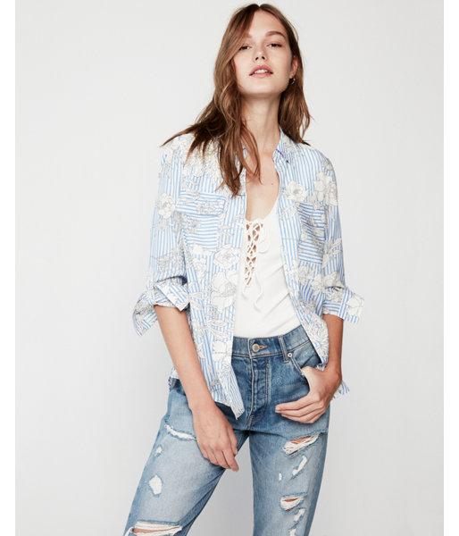 Express Womens Stripe Floral City Shirt By Express