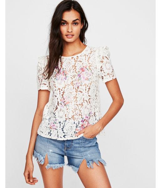 Express Womens Lace Floral Embroidered Tie Back Tee