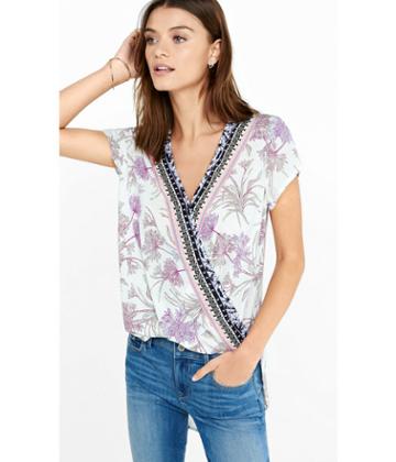 Express Women's Tops Border Print Floral Hi-lo Surplice Blouse