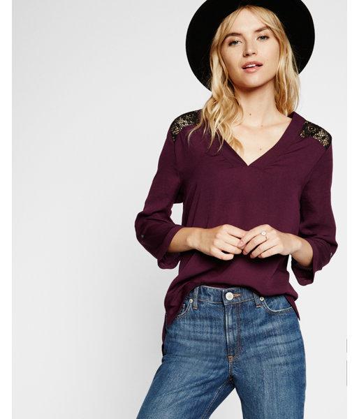 Express Womens Deep V-neck Lace Yoke Blouse